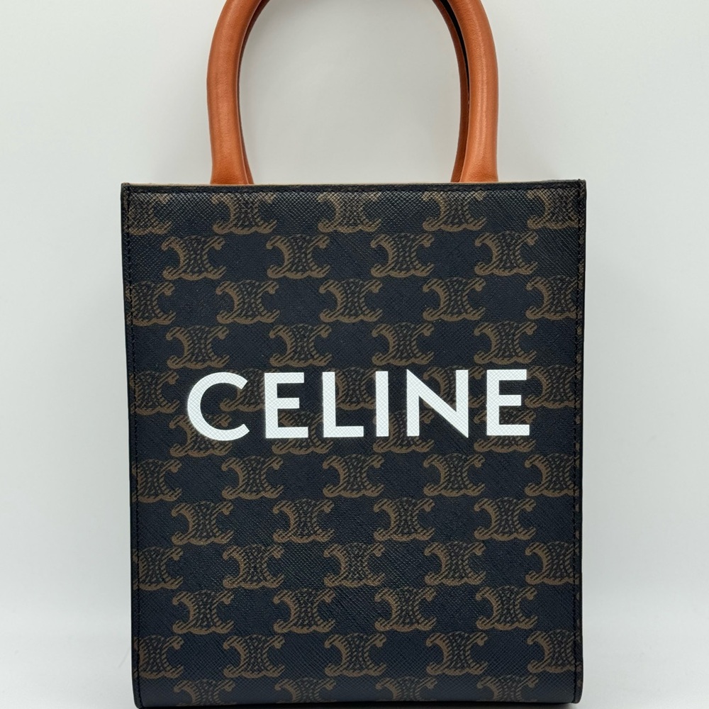 Celine Triomphe Canvas Calfskin Mini Vertical Cabas Tan